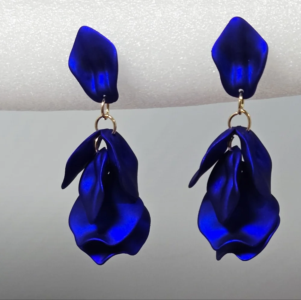 Royal Blue Flower Petal Earrings Sculptural Floral Statement Dangle Earrings New